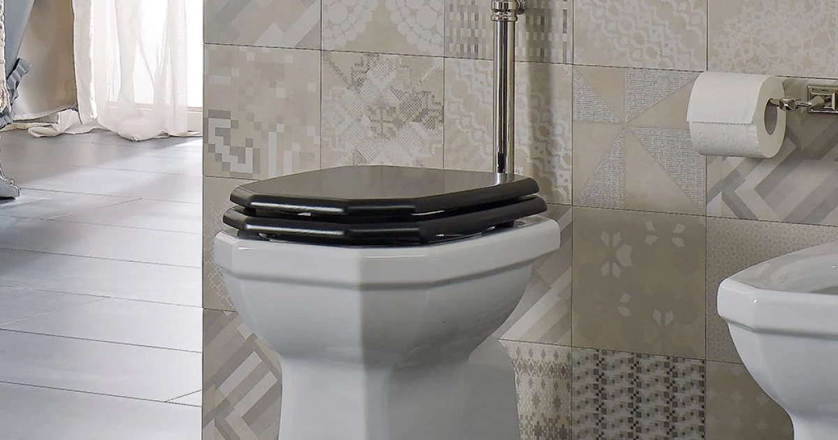 Vaso WC da Terra in Ceramica Bianca Sedile Nero Vintage Made in Italy - Nausica