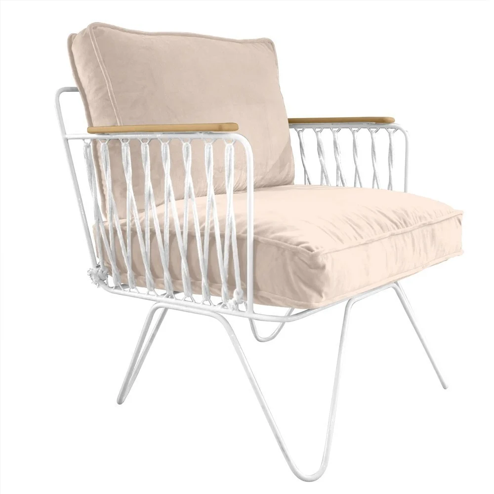Fauteuil Croisette en velours écru structure blanche