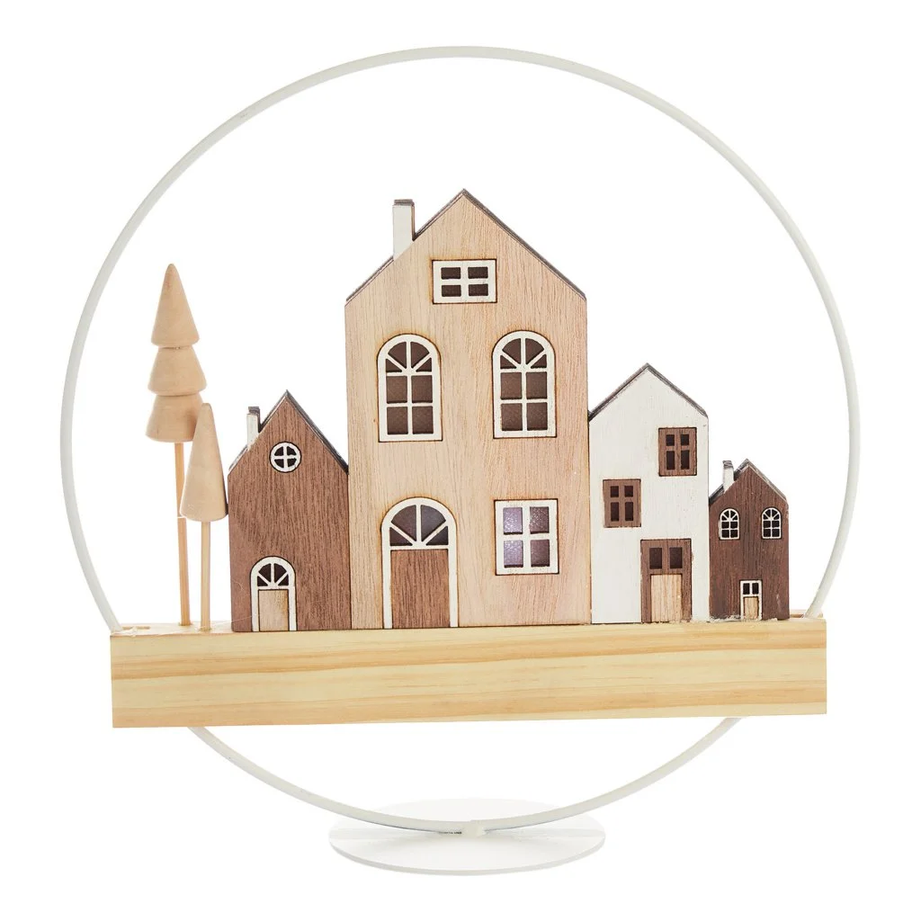 ARPIMEX Cerchio Natale con Casette Legno D 22 Cm con Luci Bianco
