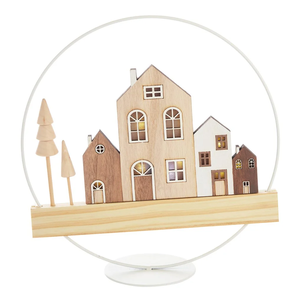 ARPIMEX Cerchio Natale con Casette Legno D 25 Cm con Luci Bianco