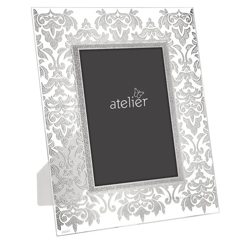 Atelier Portafoto in Vetro 20 x 25 Cm Silver con Foglia Damasco