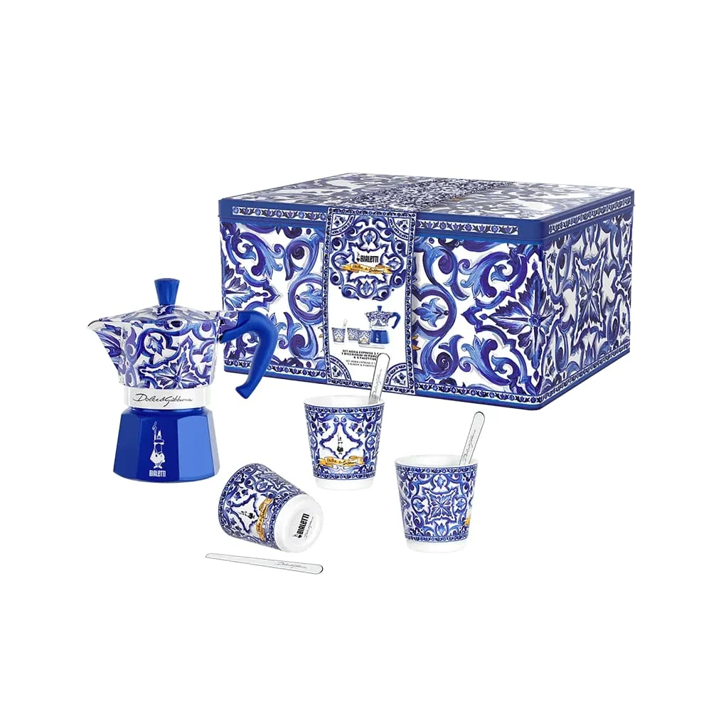 Bialetti Dolce e Gabbana Set Moka Express Blu Mediterraneo 3 Tazzine con3 Bicchierini e 3 Palettine