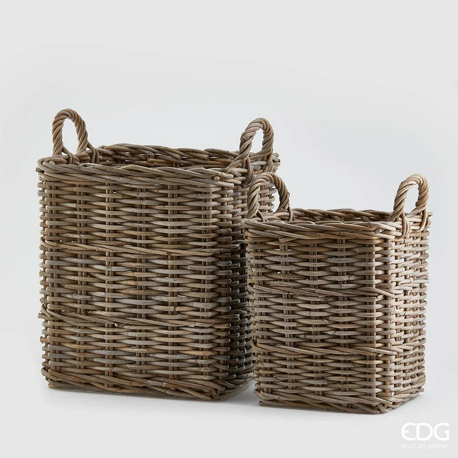 EDG Enzo De Gasperi Set 2 Cesti Rattan Quadrato con Manici