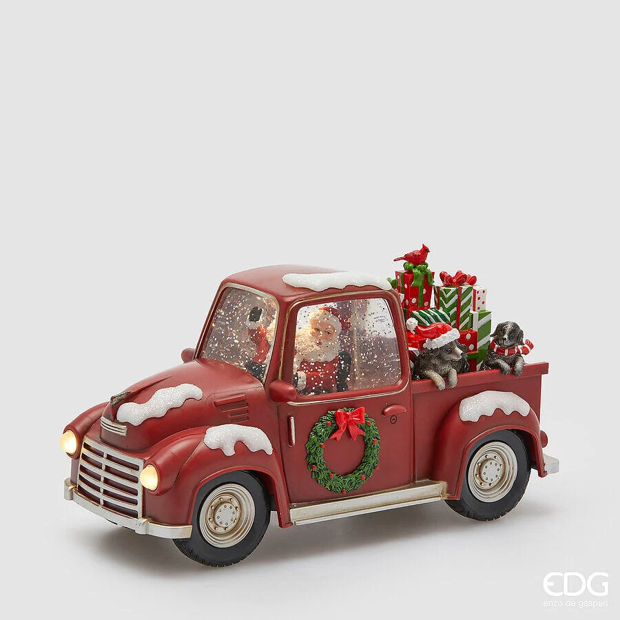 EDG Enzo De Gasperi Decoro Pick-up con Babbo Natale e Biscotti H 16 Cm L 28 Cm L 12 Cm Musica, Mov. Led Red