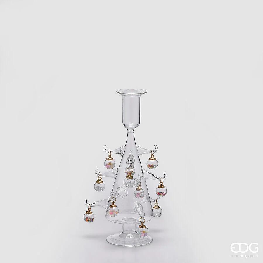EDG Enzo De Gasperi Decoro Portacandela Pino Natalizio con Decori H 22 Cm Vetro Scatola Bianco