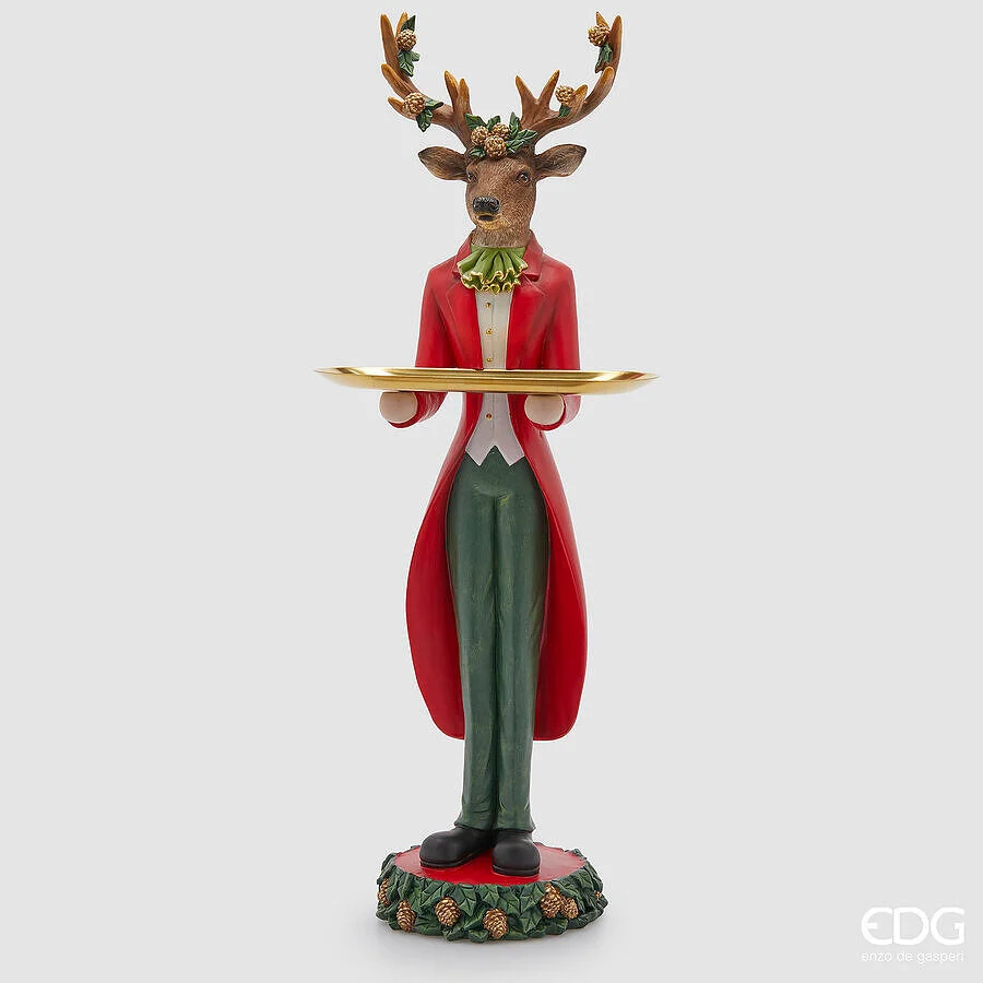 EDG Enzo De Gasperi Decoro Renna Natale Maggiordomo con Vassoio H 61 Cm L 19 Cm L 16,5 Cm Green Red