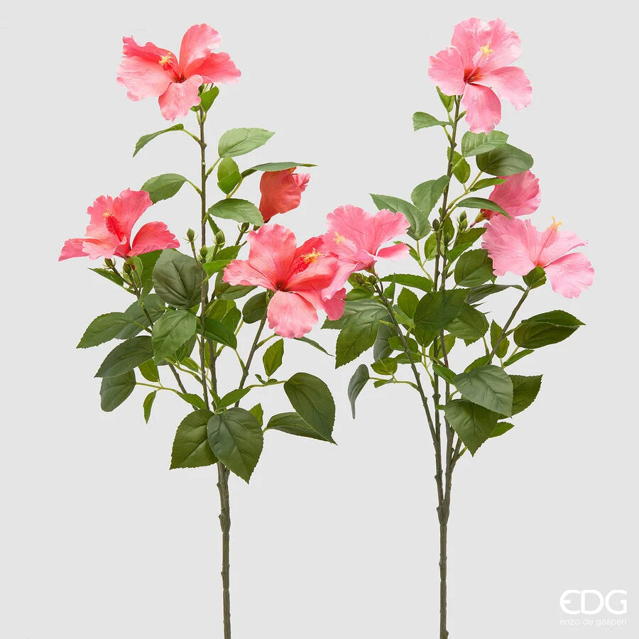 EDG Enzo De Gasperi Hibiscus Ramo x4 con Foglie Pianta Artificiale Ass. H 90 Cm D 10 Cm Rosa Chiaro o Scuro 1 Pz