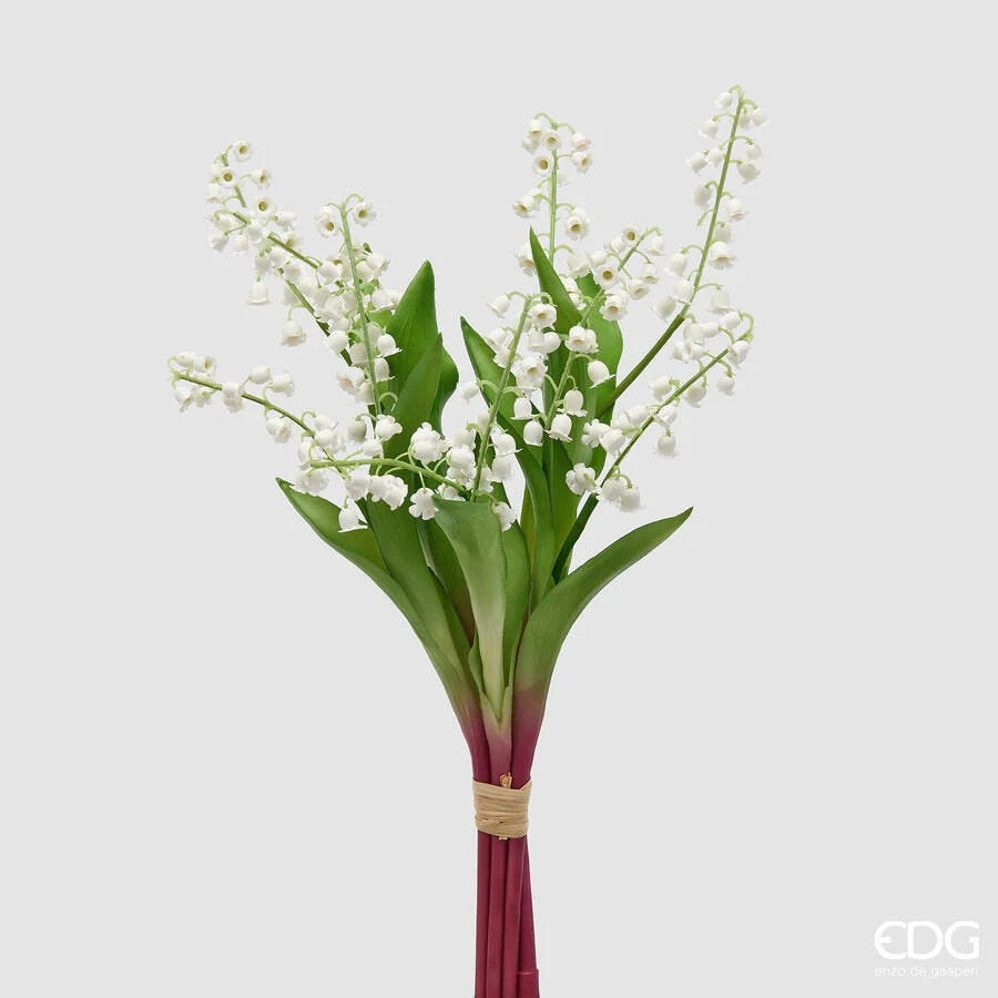 EDG Enzo De Gasperi Mughetto Bouquet x5 con Foglie Pianta Artificiale H 40 Cm Bianco