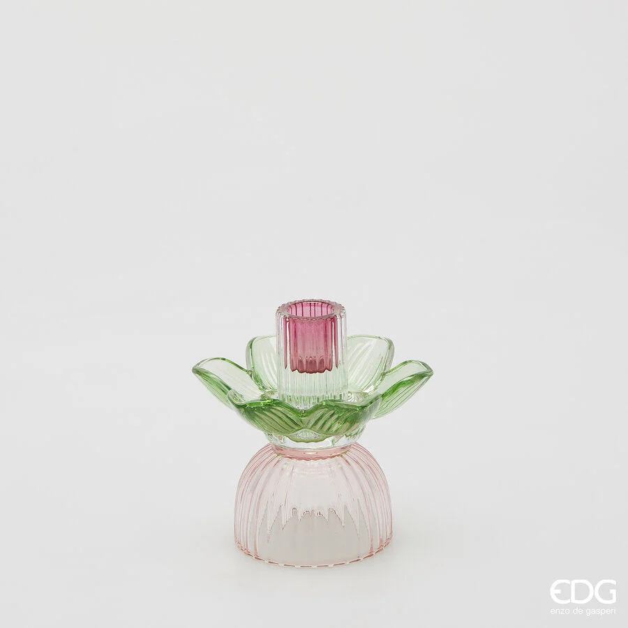 EDG Enzo De Gasperi Portacandela Flower in Vetro H 12,5 Cm D 12 Cm Verde Rosa