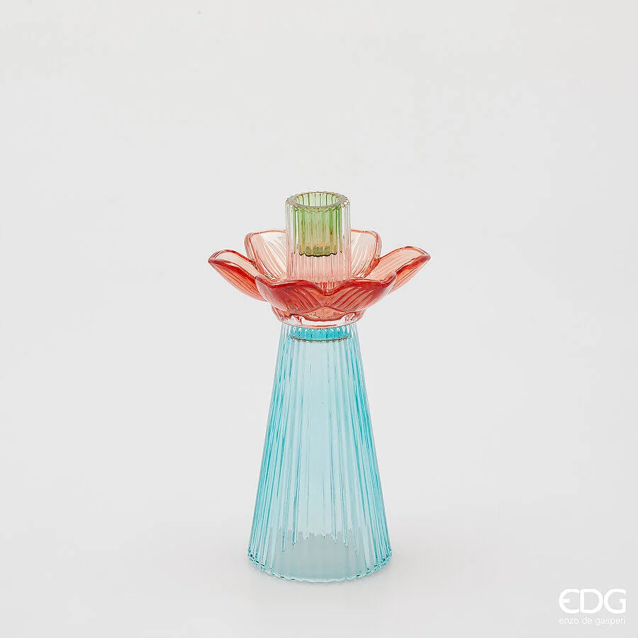 EDG Enzo De Gasperi Portacandela Flower in Vetro H 21 Cm D 12 Cm Blu Mix