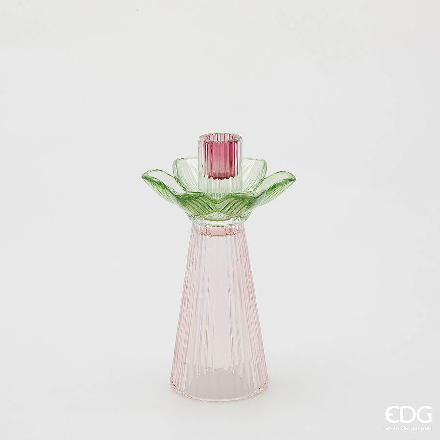 EDG Enzo De Gasperi Portacandela Flower in Vetro H 21 Cm D 12 Cm Verde Rosa