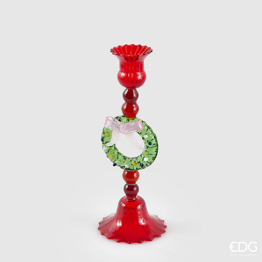 EDG Enzo De Gasperi Portacandela Ghirlanada di Natale H 22 cm D 8 cm Vetro Green Red