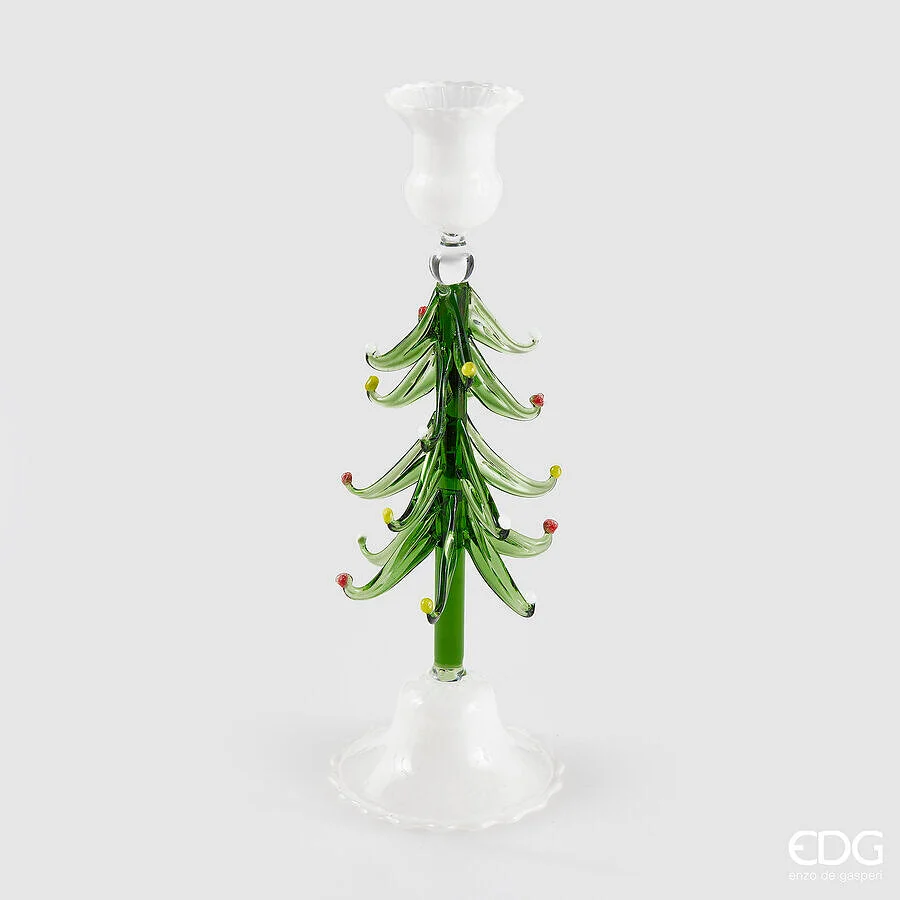 EDG Enzo De Gasperi Portacandela Pino di Natale H 24 cm D 8,5 cm Vetro White Green