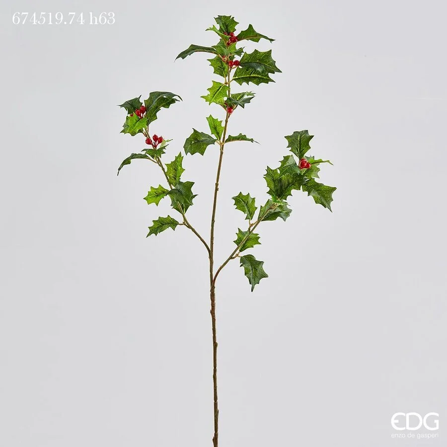 EDG Enzo De Gasperi Ramo Agrifoglio Natalizio con Bacche e 3 Rami H 63 Cm Verde Rosso