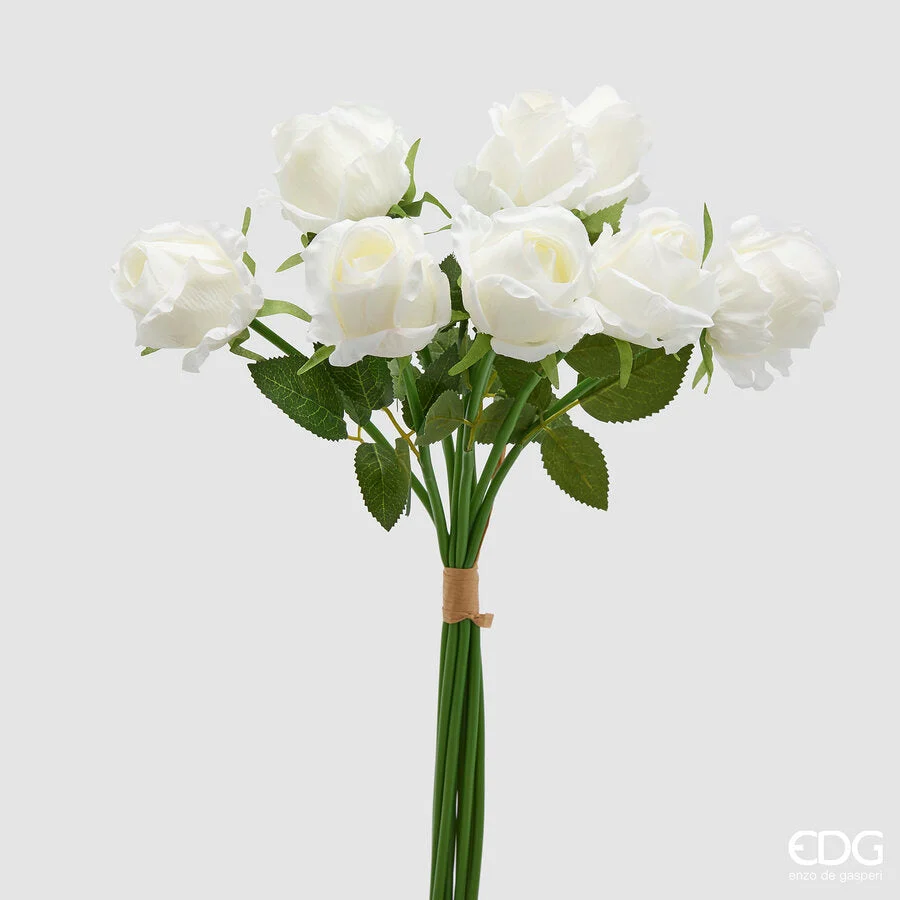 EDG Enzo De Gasperi Rosa Bouquet x9 con Foglie H 46 Cm Pianta Artificiale Colore Bianco