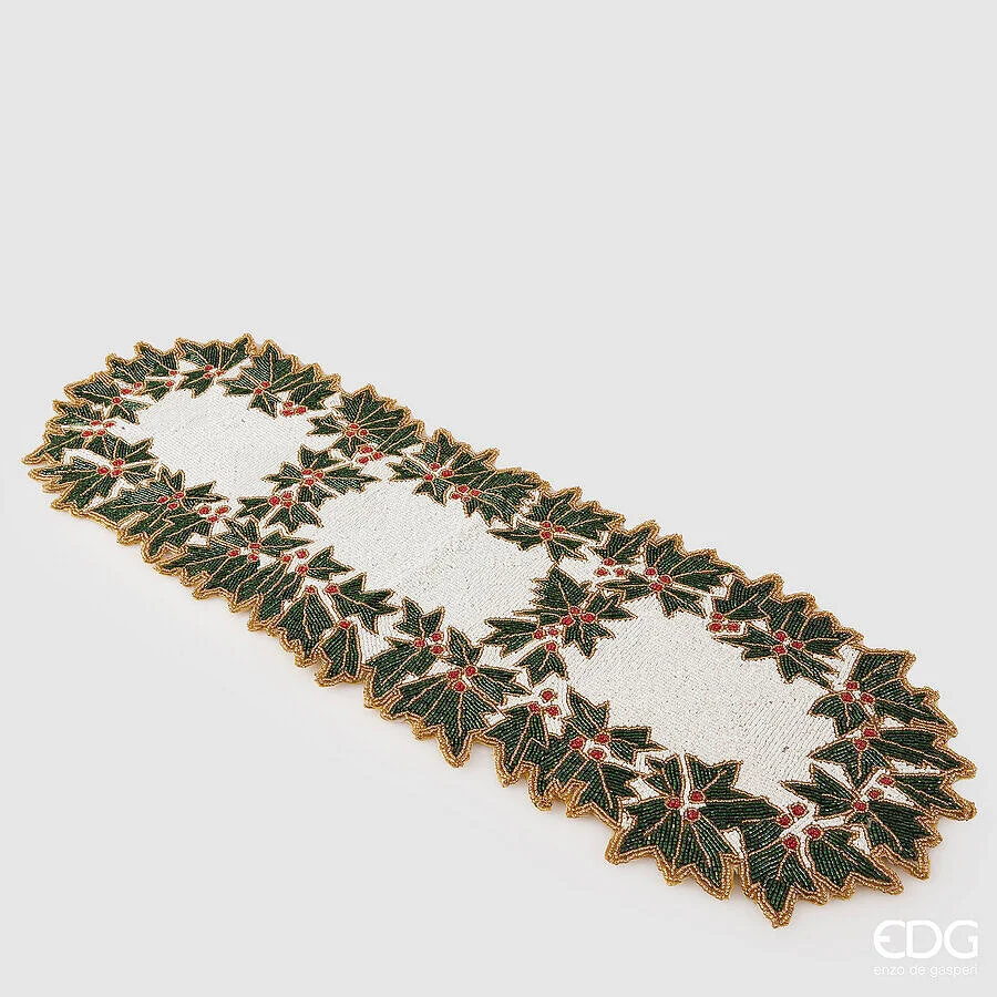 EDG Enzo De Gasperi Runner Agrifoglio Natale con Perle L 90 Cm L 30 Cm White Green