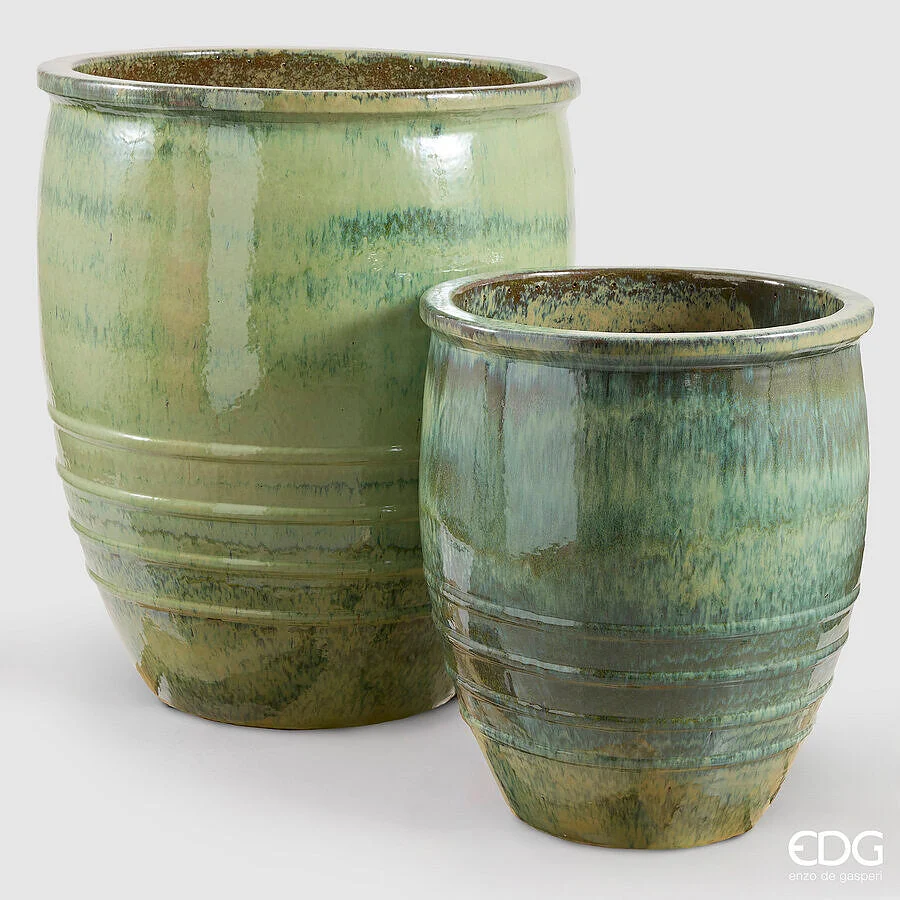 EDG Enzo De Gasperi Set 2 Pz Vaso Glaze Bombato Rotondo H 94 Cm H 71 Cm Waterproof Verde Aqua
