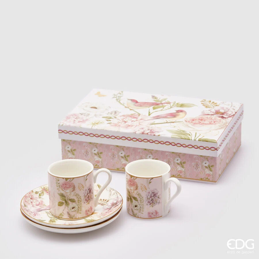 EDG Enzo De Gasperi Set 2 Tazze Caffè con Piattini Confezione Regalo Bianco Rosa