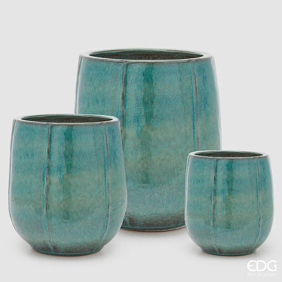 EDG Enzo De Gasperi Set 3 Pz Vaso Glaze Atlas Spicchi Bombato H 70 Cm H 55 Cm H 42 Cm H 40 Cm Waterproof Mix Blu