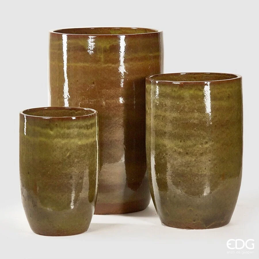 EDG Enzo De Gasperi Set 3 Vasi Glaze Rotondo Olive Ceramica