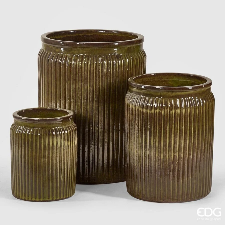 EDG Enzo De Gasperi Set 3 Pz Vaso Glaze Rotondo H 70 Cm H 55 Cm H 40 Cm Waterproof  Olive