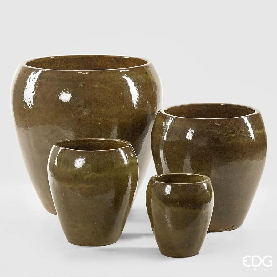 EDG Enzo De Gasperi Set 4 Vasi Glaze Bombato Olive Ceramica