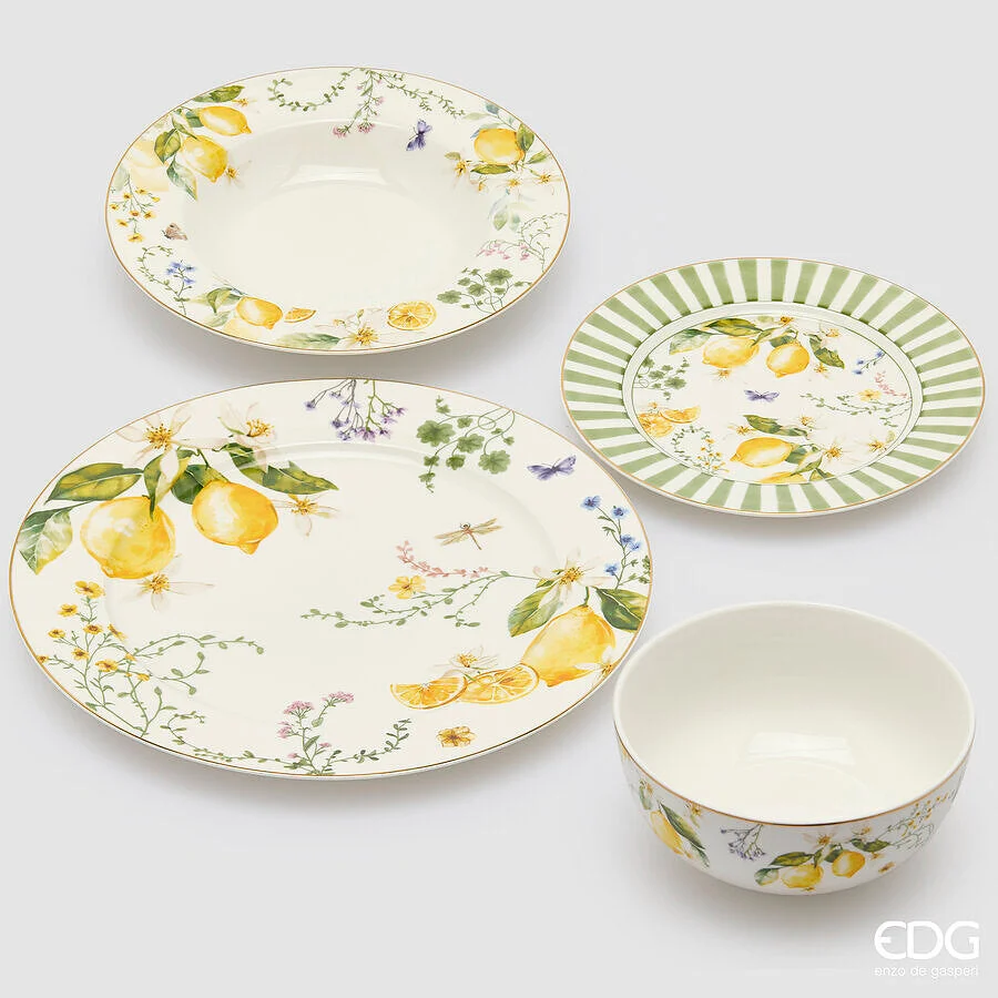 EDG Enzo De Gasperi Set Piatti Limoni Fondi, Piani, Frutta, Ciotole 24 Pz Bianco Giallo
