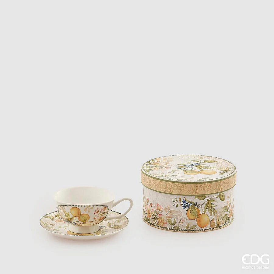EDG Enzo De Gasperi Tazza da Te con Piatto Porcellana H 7 Cm D 15 Cm 300 Ml Confezione Regalo Giallo