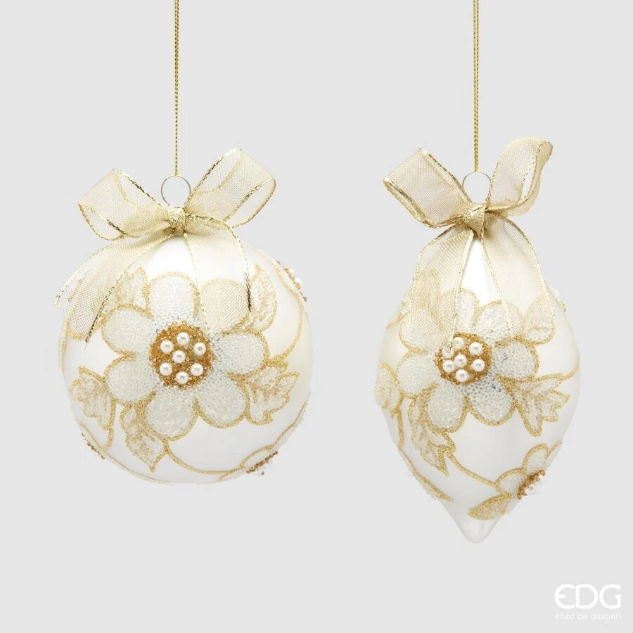 EDG Enzo De Gasperi Palla Fuso di Natale Vetro Fiore D 10 Cm Cm Ass. White Gold 1 Pz