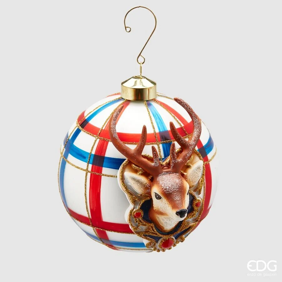 EDG Enzo De Gasperi Palla Natale Vetro Tartan con Renna D 12 Cm Blue