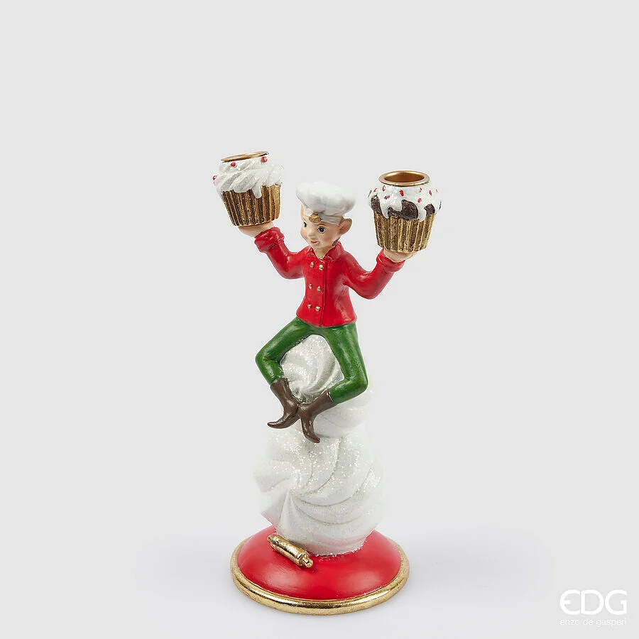 EDG Enzo De Gasperi Portacandela Natale Elfo Cuoco 2 Fiamme H 26 Cm 15 x 11 Cm Green Red
