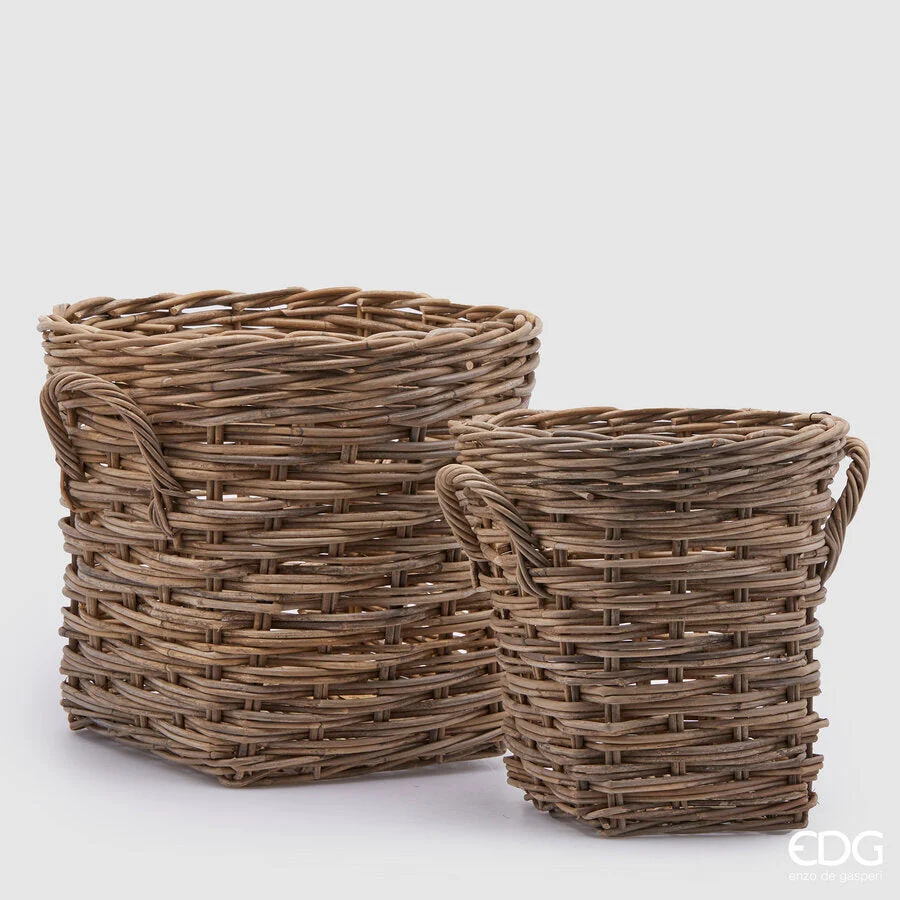 EDG Enzo De Gasperi Set 2 Ceste Rattan Rotonde Base Quadrata con Manici Light Grey