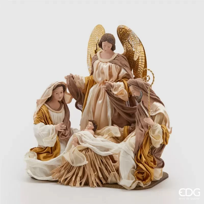 EDG Enzo De Gasperi Statuetta Natalizia Natività Tessuto con Angelo H 43 Cm Ivory Gold