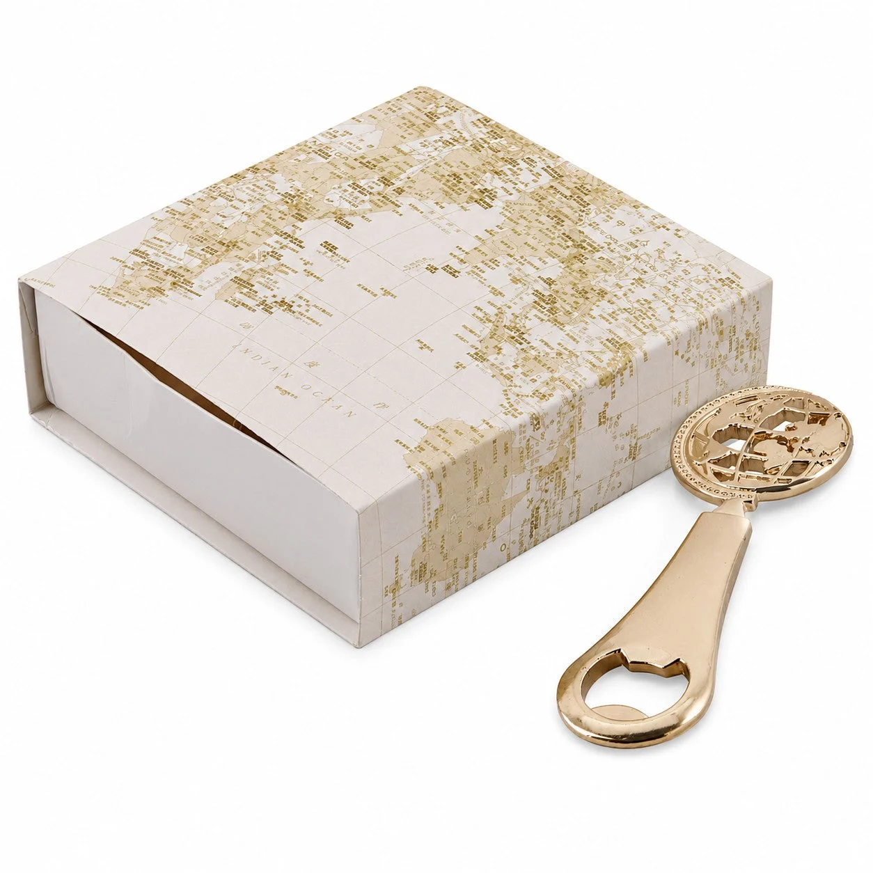 L'Arcolaio Scatola Degustazione Mappamondo con Apribottiglia World 10 x 10 Cm Bianco Oro 1 Pz
