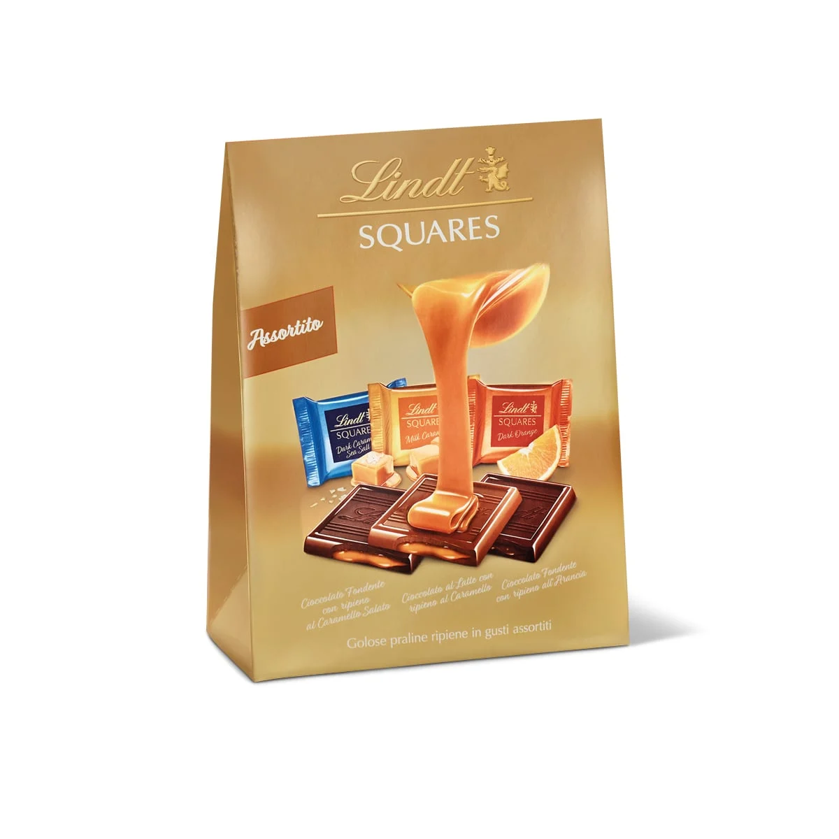 Lindt Bag Squares Assortiti 220 Gr Caramello Salato, Arancia, Fondente Monoporzioni