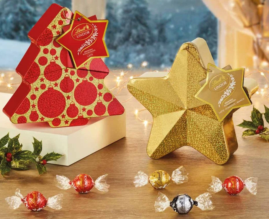 Lindt Scatola Stella o Albero Natale in Latta Cioccolato al Latte, Fondente e Bianco 150 Gr 1 Pz