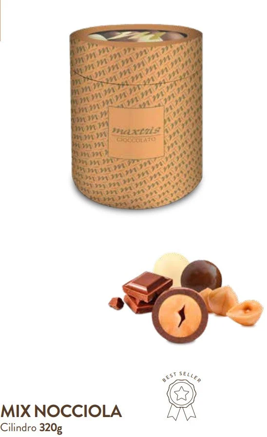 Maxtris Cilindro Natale Dragees Assortiti Nocciola, Mandorla, al Latte e Fondente 320 Gr 1 Pz