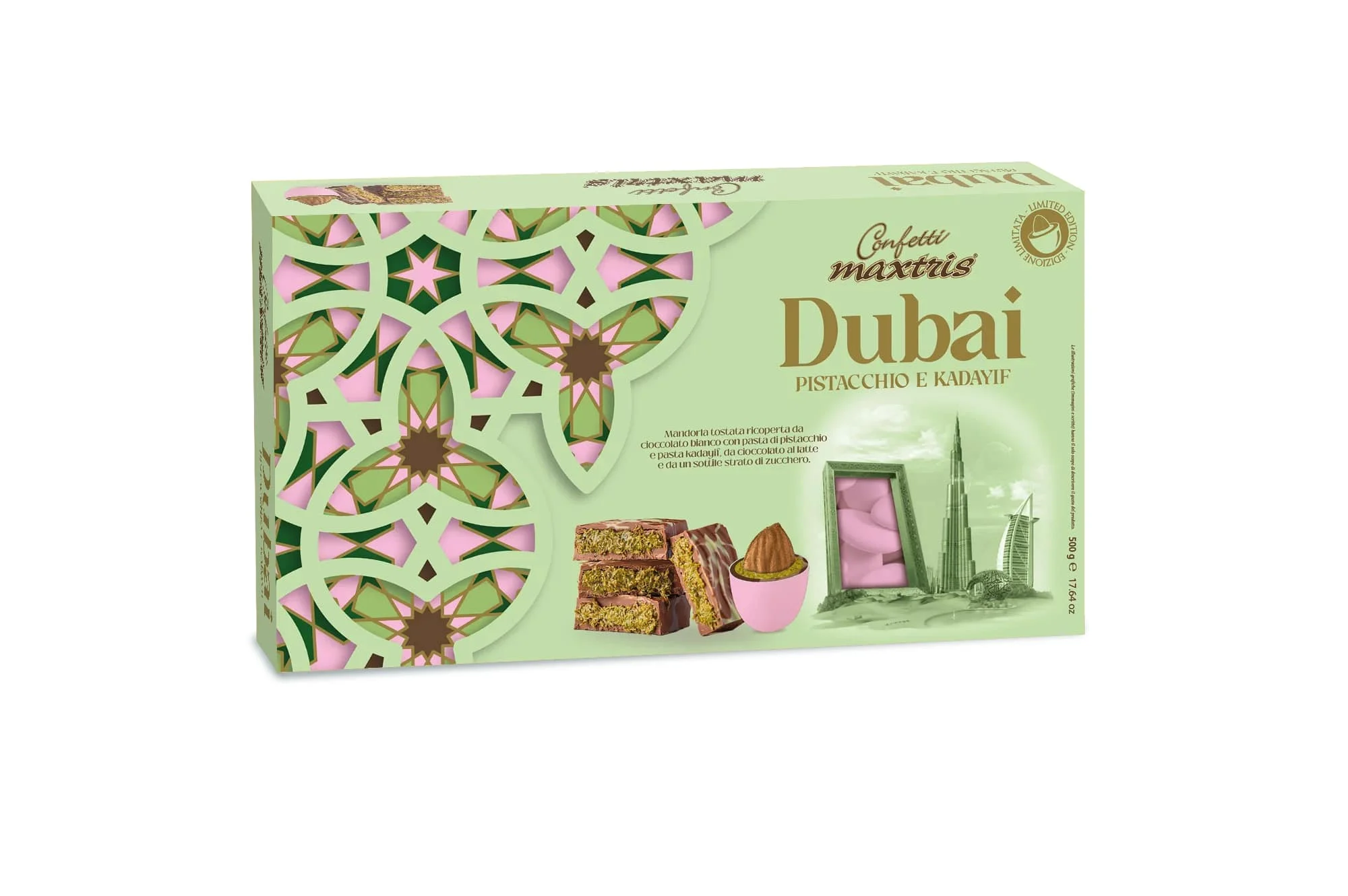 Maxtris Confetti Ciocomandorla Dubai Rosa Mandorla Tostata e Cioccolato al Pistacchio 500 Gr