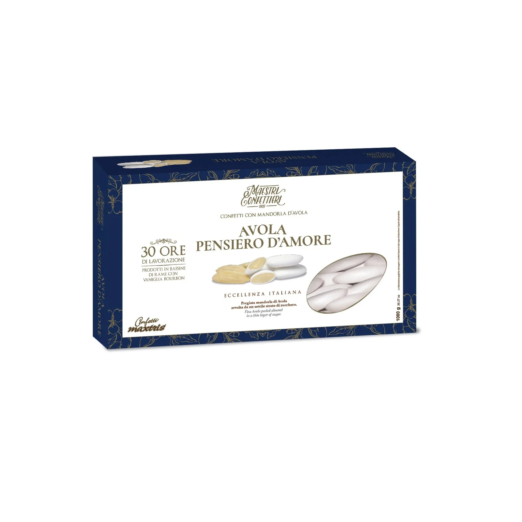 Maxtris Confetti Pensiero d'Amore Bianchi 1 Kg Mandorla d’Avola Calibro 38 – Eleganti per Matrimonio e Cerimonie