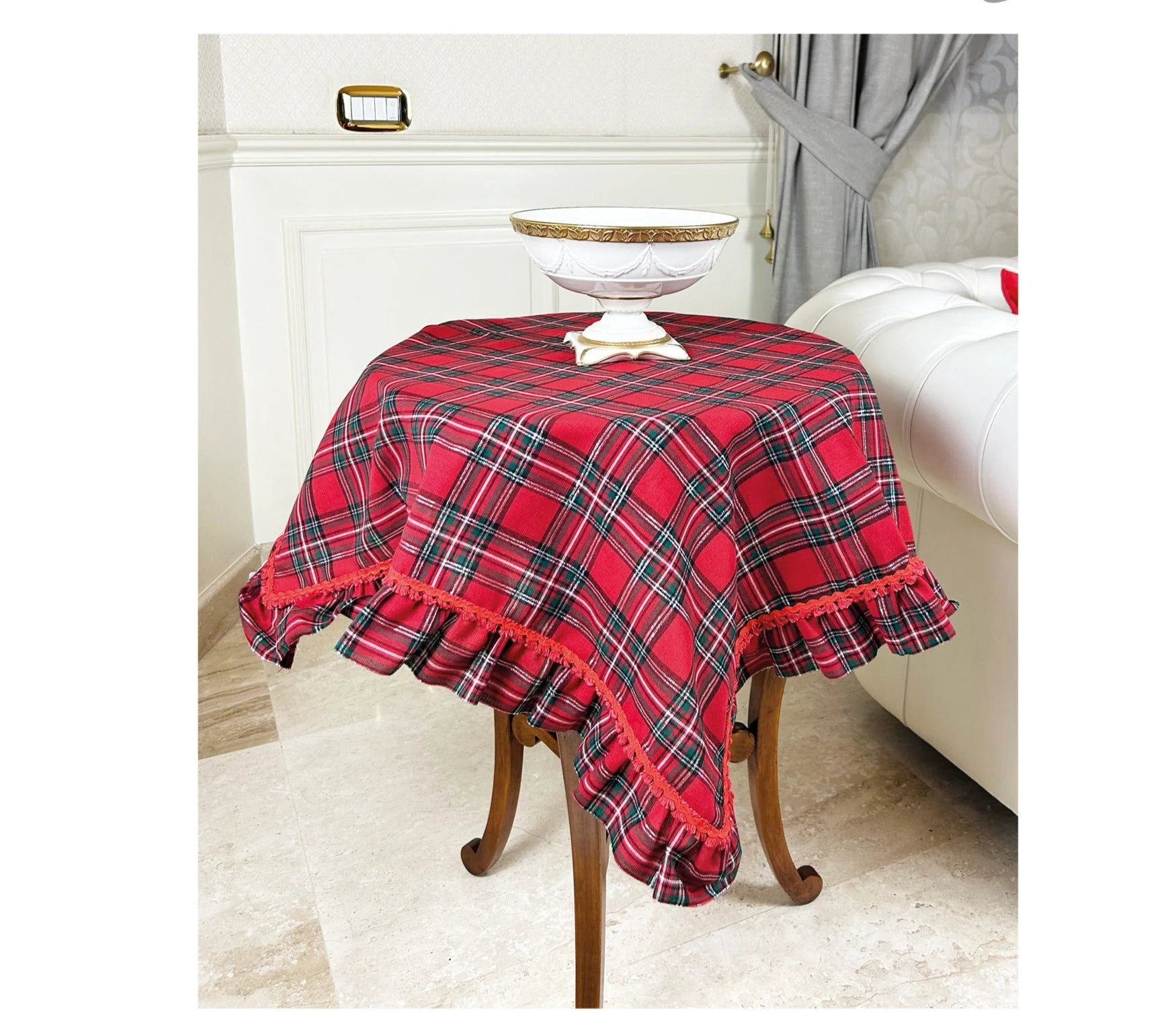 Preziosa Home Centrotavola Natale in Tartan con Frill e Pizzo 90 x 90 Cm Rosso