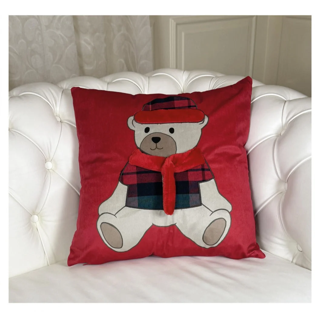 Preziosa Home Cuscino Arredo Natale Velluto Ricamo Gigante Orso 45 x 45 Cm Rosso