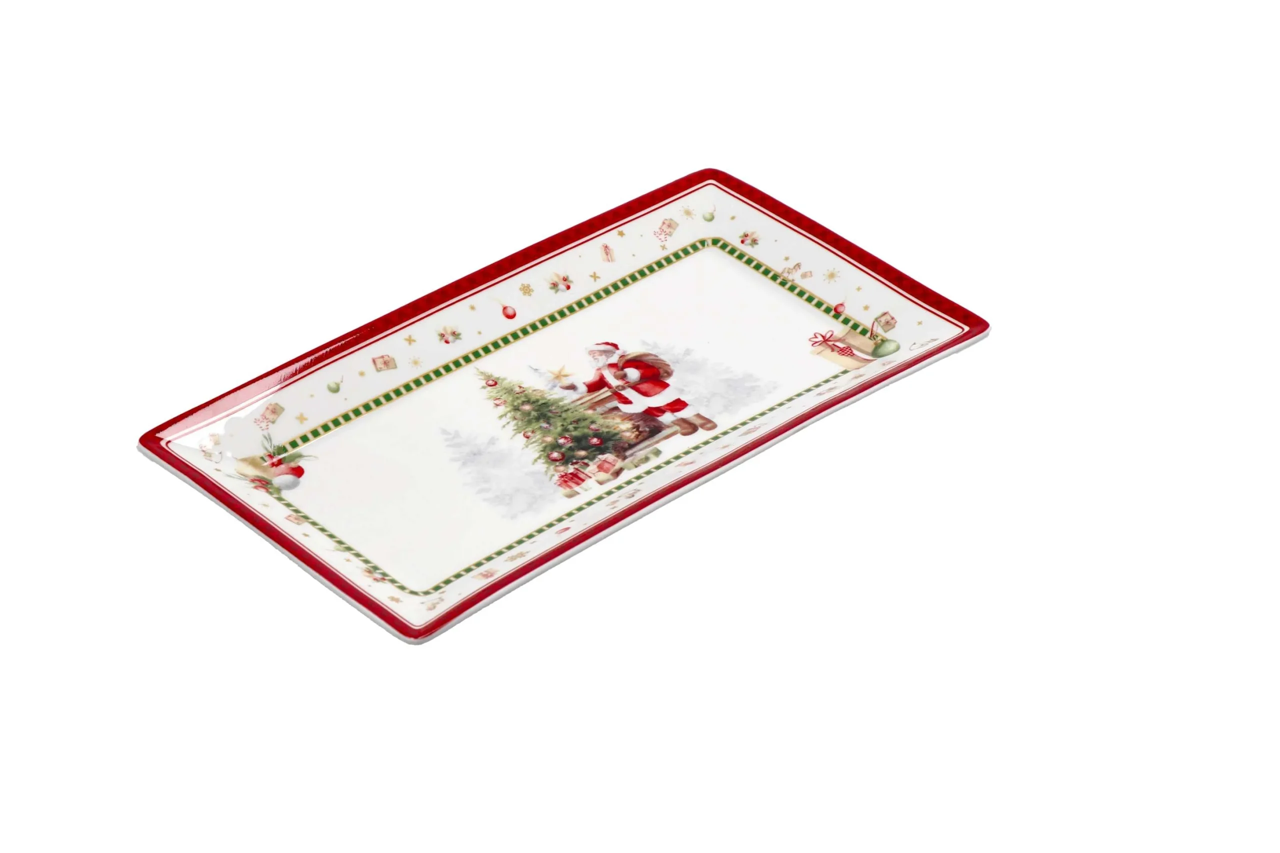 Ad Trend Piatto Rettangolare di Natale Porcellana 26 x 14 Cm Rosso Bianco