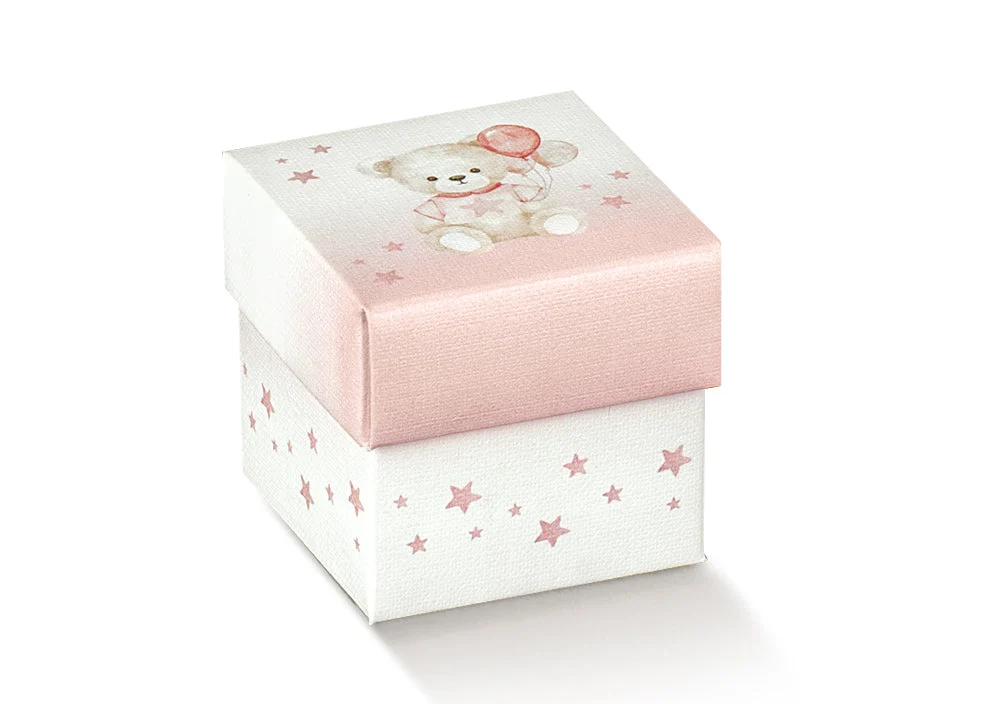 Scotton Scatola Portaconfetti 50 x 50 x 50  Mm Baby Orsetto Rosa Palloncini 10 Pz