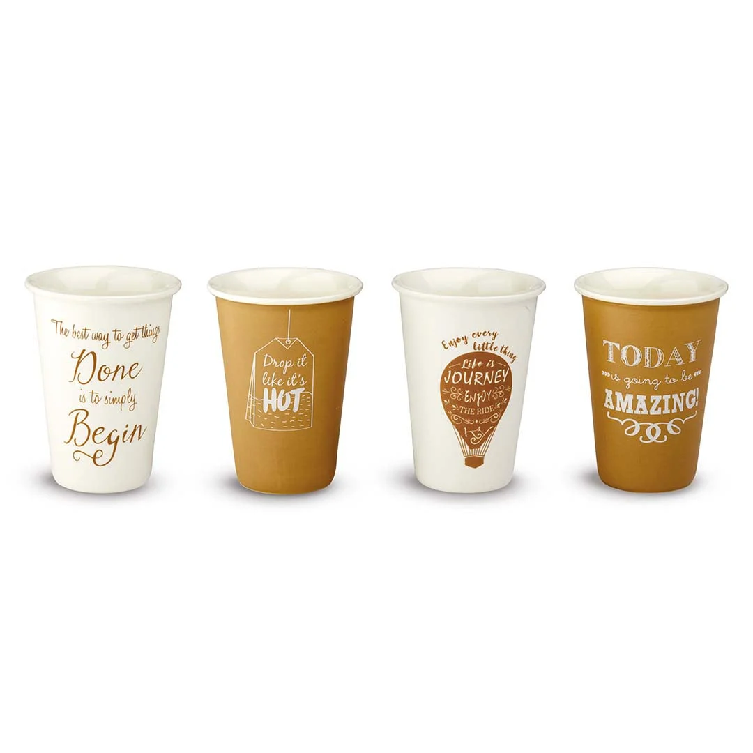 WD LifeStyle Set 4 Tazze Mug Capacità 350 Ml Ceramica Bianco Beige