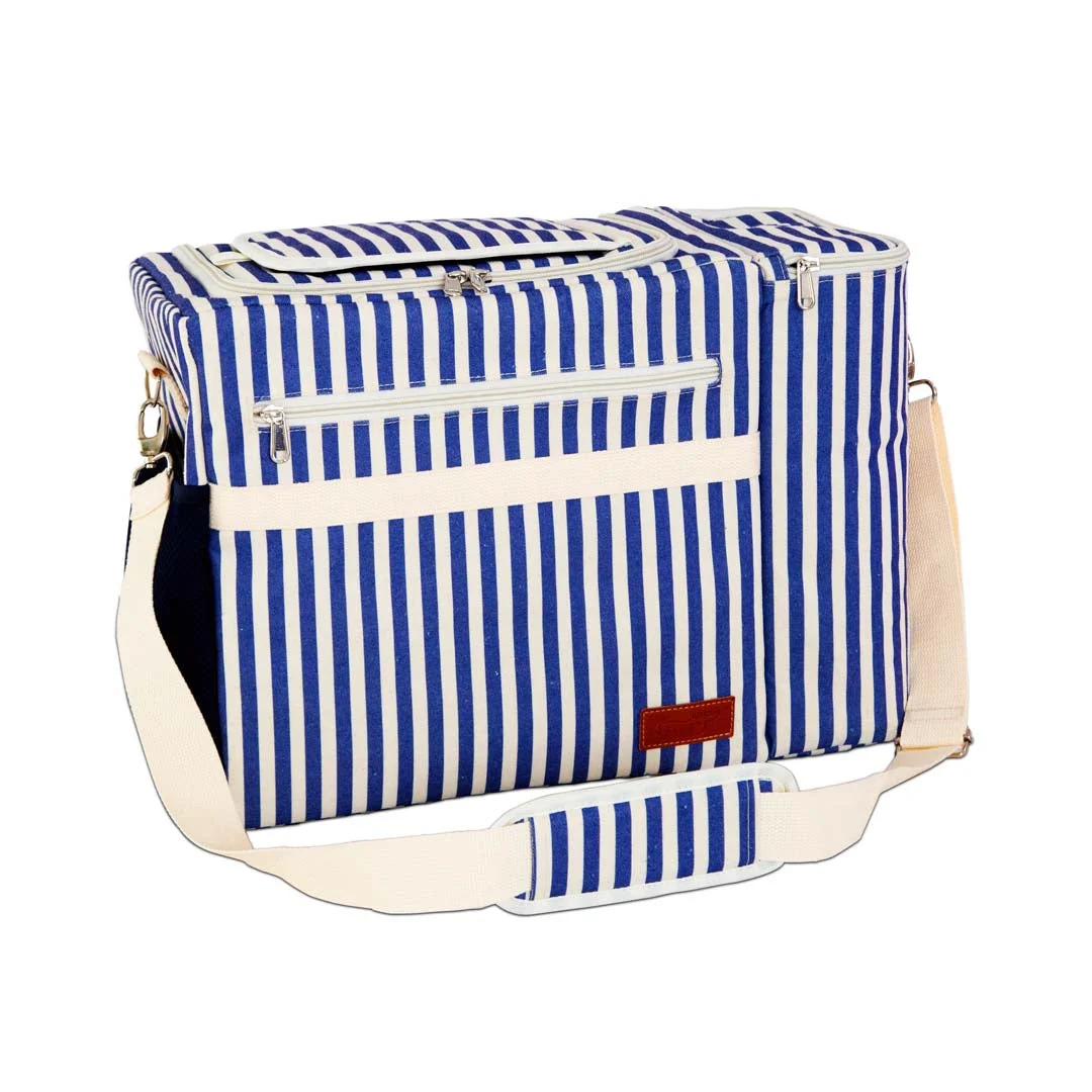 WD LifeStyle Borsa Termica a Righe con Taca per Bottiglie 25 L Bianco Blu