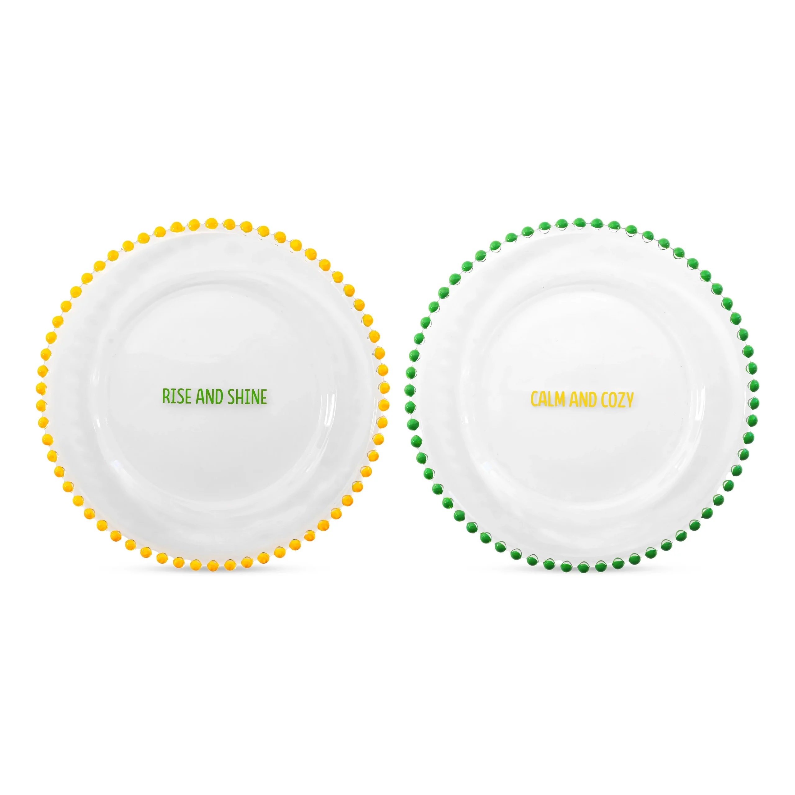 WD LifeStyle Set 2 Piattini D 19,5 Cm in Vetro Decorazione "Rise and shine" e "Calm and cozy" Giallo Verde