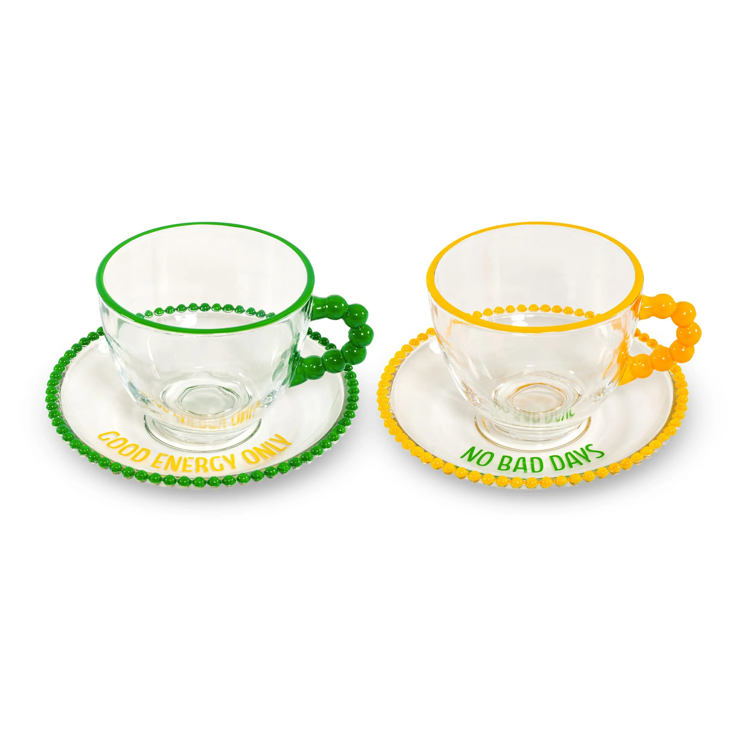 WD LifeStyle Set 2 Tazze 230 Ml in Vetro con Piattino Decorazione "Good energy only" e No bad days" Giallo Verde