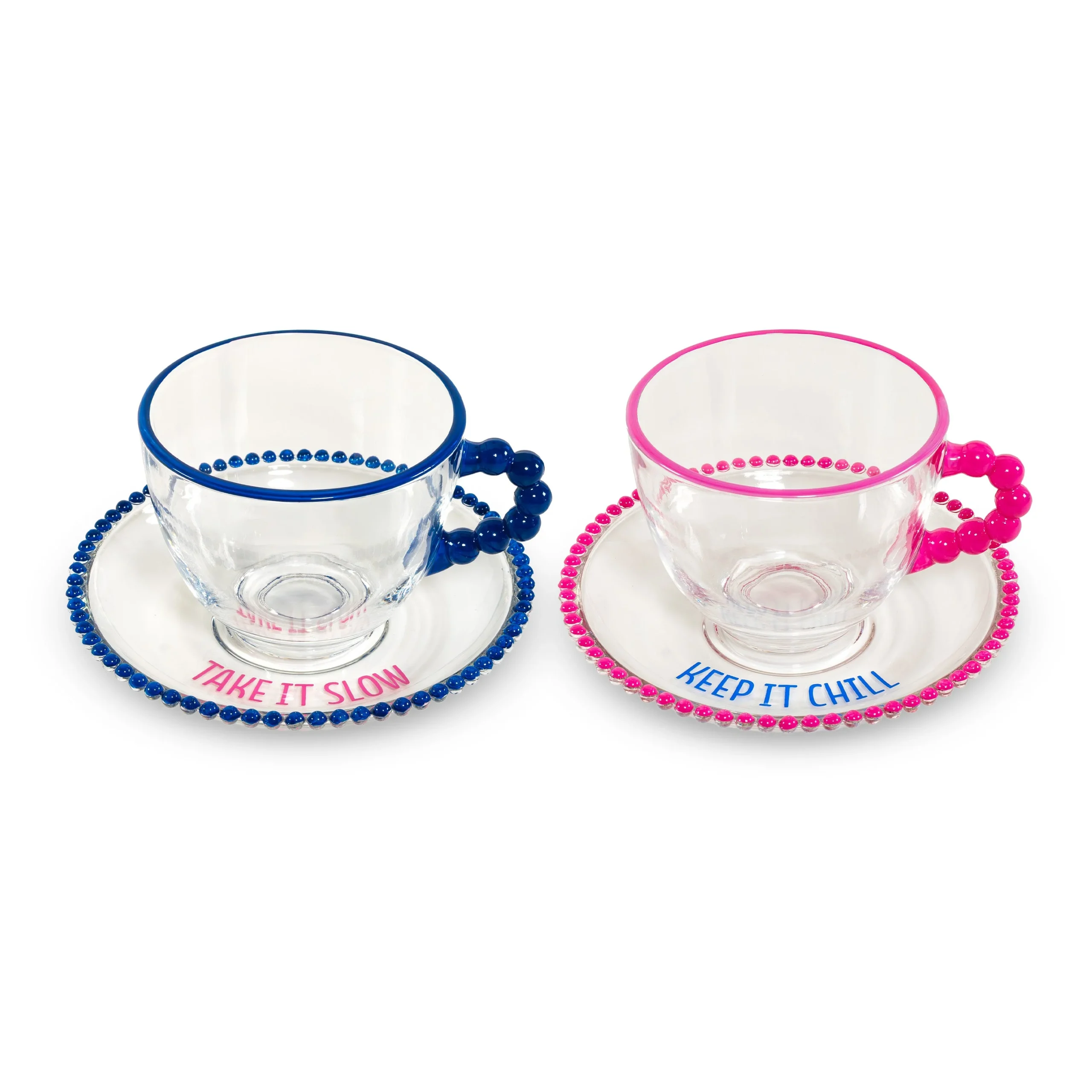 WD LifeStyle Set 2 Tazze 230 Ml in Vetro con Piattino Decorazione "Take it slow" e "Keep it chill" Rosa Blu