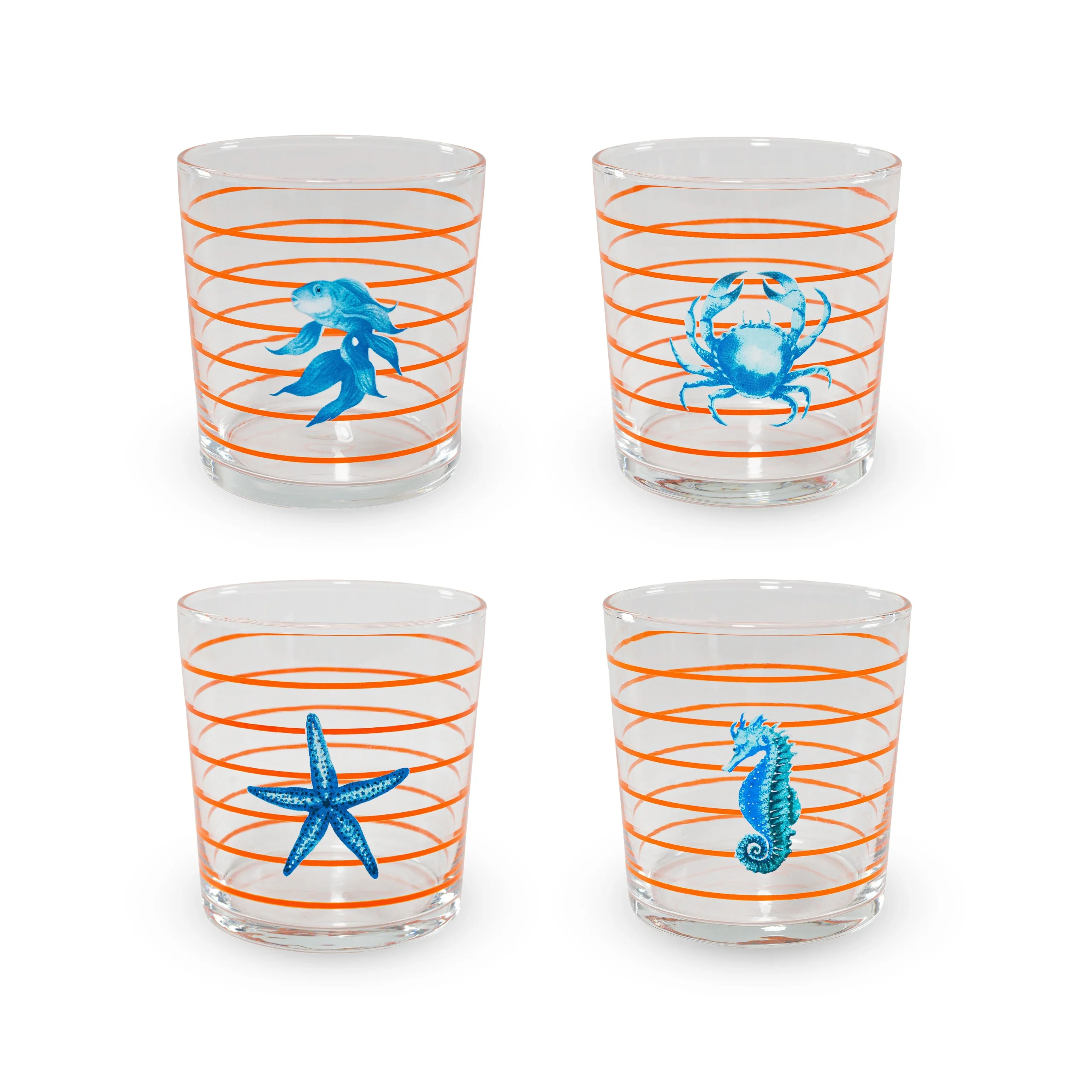 WD LifeStyle Set 4 Bicchieri in Vetro 300 Ml Decoro Mare con Righe Arancioni
