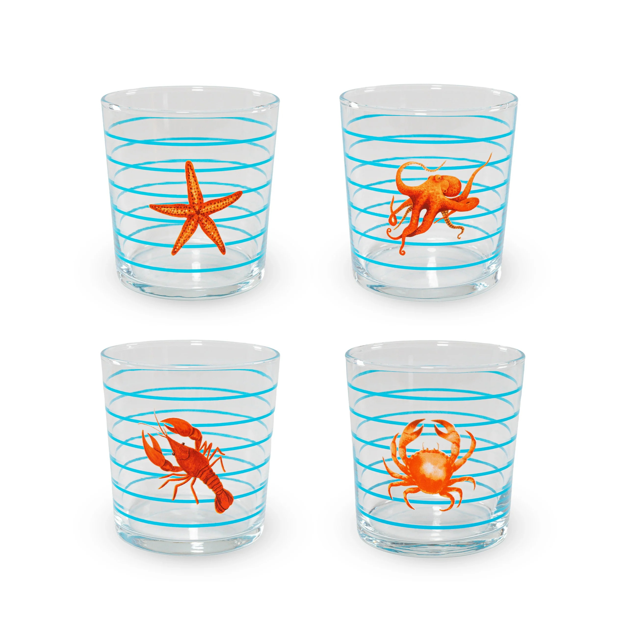 WD LifeStyle Set 4 Bicchieri in Vetro 300 Ml Decoro Mare con Righe Azzurre